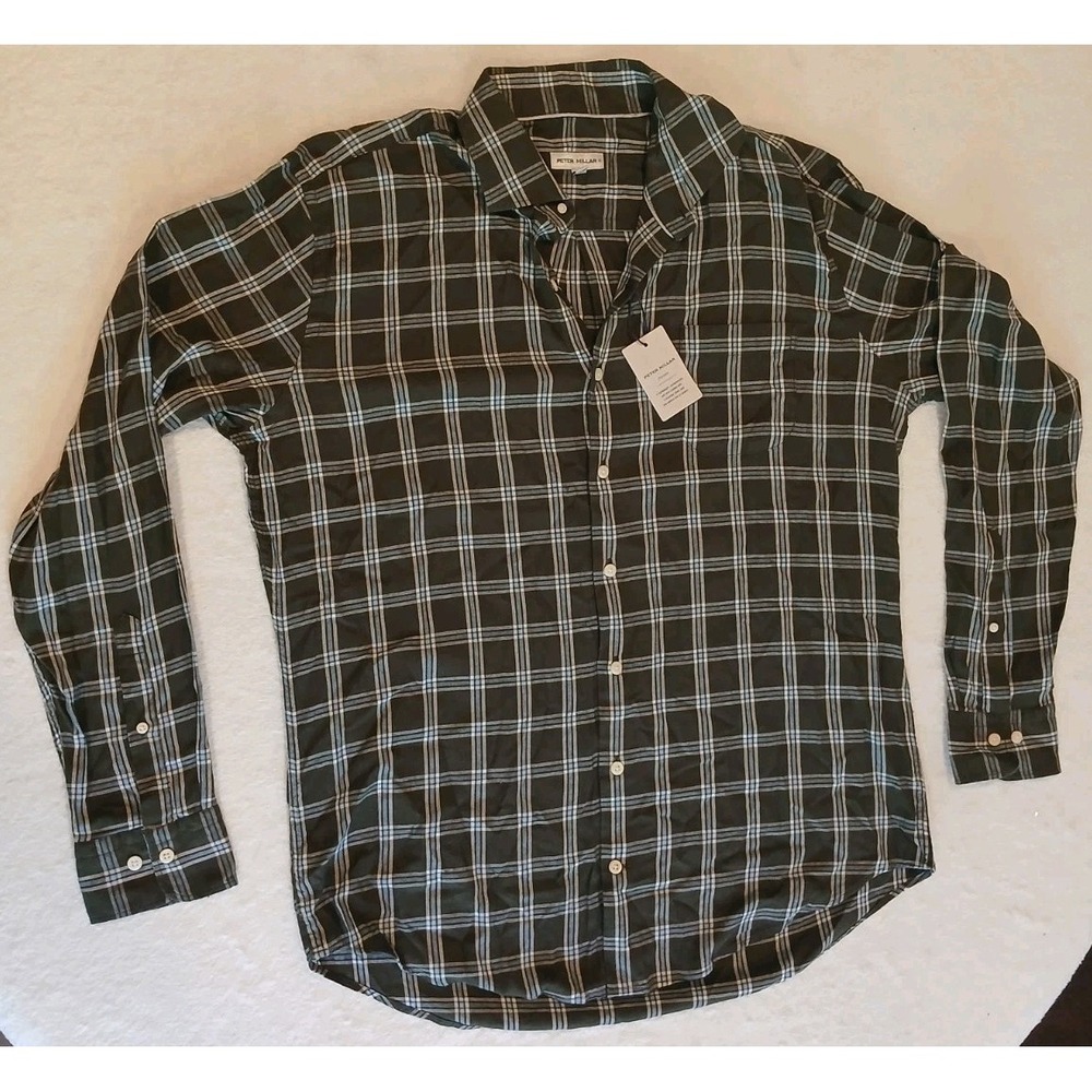 Peter Millar Dark Olive Green Vernon Flannelite Cotton-Stretch Sport Shirt NWT L
